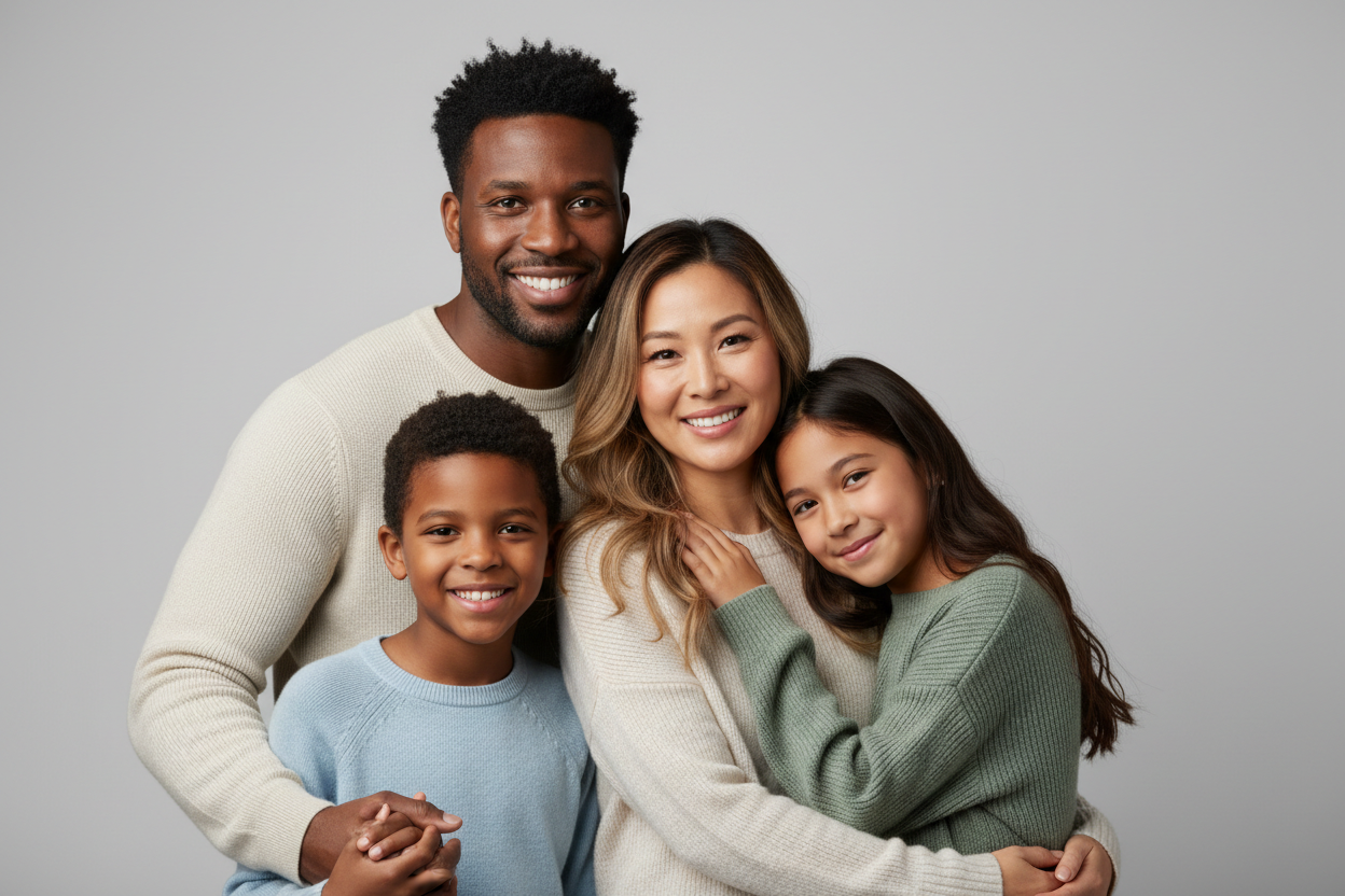 Generate an image of a family a mixed race wife husband and 2 kids the image shoud be high quality studio quality background solid light gray background  the image banner is abut self healing 